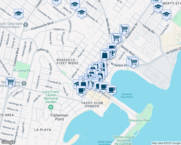 map of restaurants, bars, coffee shops, grocery stores, and more near 1270 Locust Street in San Diego