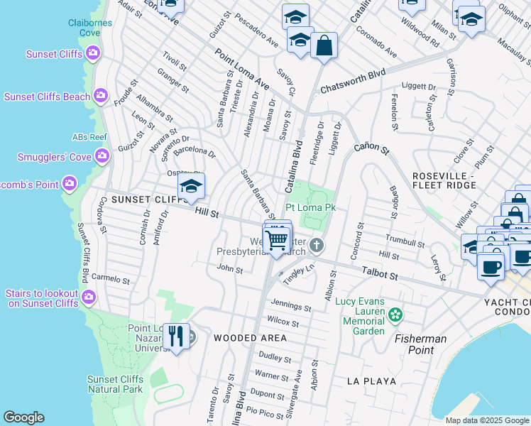 map of restaurants, bars, coffee shops, grocery stores, and more near 4124 Hill Street in San Diego