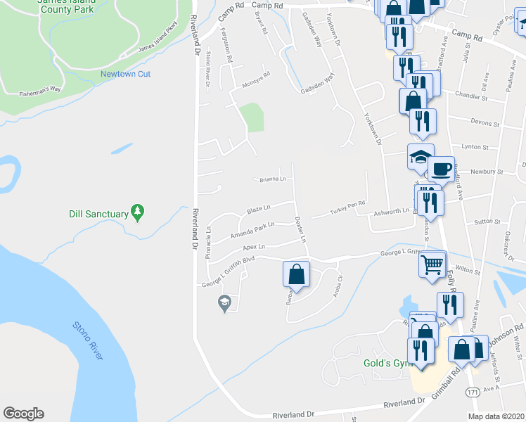map of restaurants, bars, coffee shops, grocery stores, and more near 1452 Amanda Park Lane in Charleston