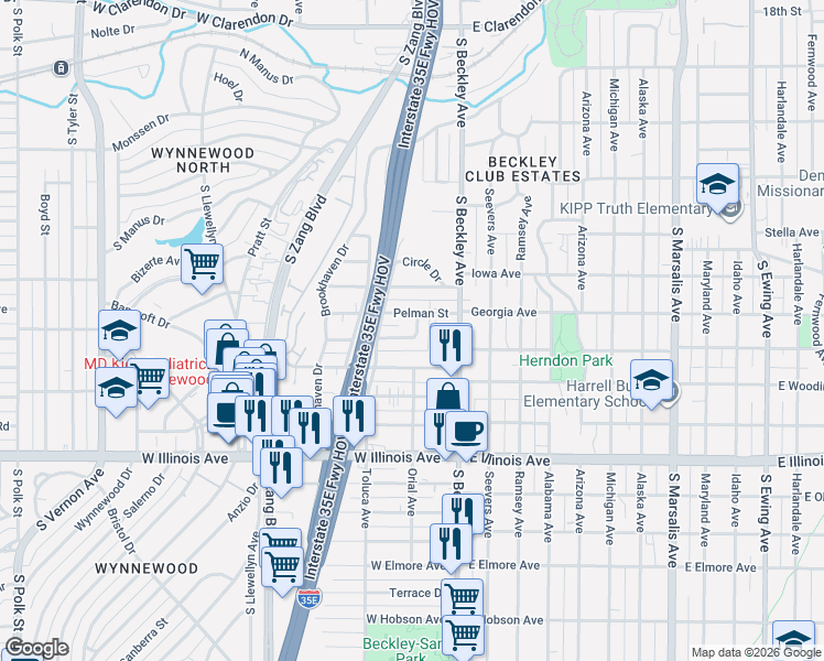 map of restaurants, bars, coffee shops, grocery stores, and more near 208 Conrad Street in Dallas