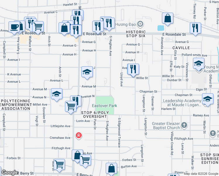 map of restaurants, bars, coffee shops, grocery stores, and more near 2009 South Hughes Avenue in Fort Worth