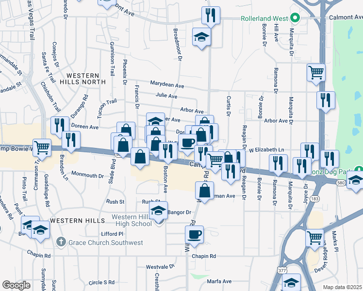 map of restaurants, bars, coffee shops, grocery stores, and more near 8004 Camp Bowie West Boulevard in Fort Worth