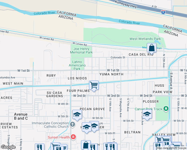 map of restaurants, bars, coffee shops, grocery stores, and more near 133 South 22nd Avenue in Yuma