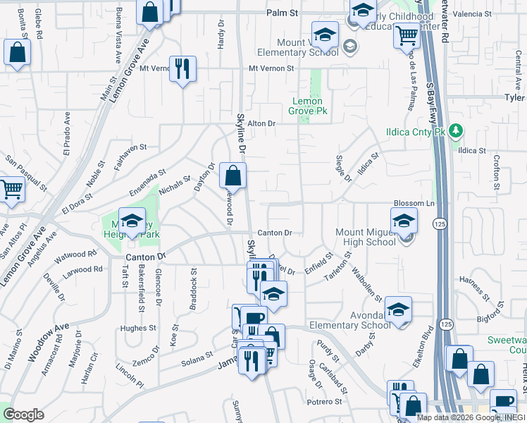 map of restaurants, bars, coffee shops, grocery stores, and more near in Lemon Grove