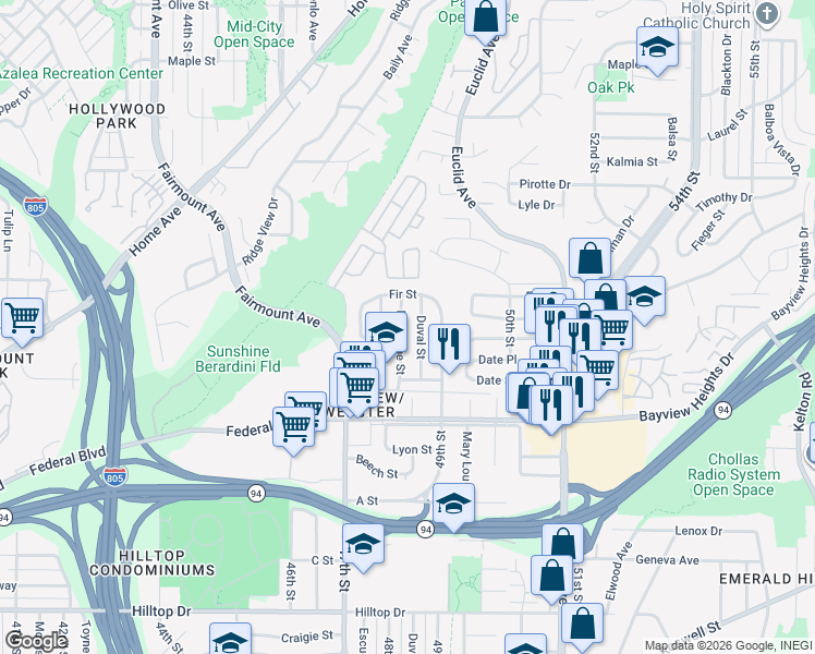 map of restaurants, bars, coffee shops, grocery stores, and more near 1815 Brookline Street in San Diego