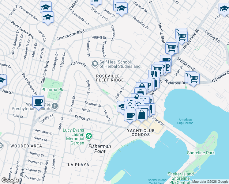 map of restaurants, bars, coffee shops, grocery stores, and more near 3331 Byron Street in San Diego
