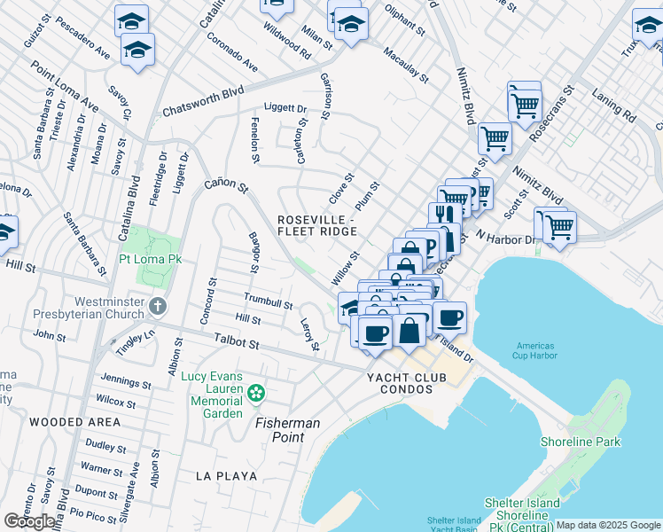 map of restaurants, bars, coffee shops, grocery stores, and more near 3331 Byron Street in San Diego