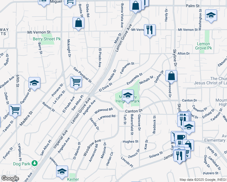 map of restaurants, bars, coffee shops, grocery stores, and more near 1850 Bakersfield Street in Lemon Grove