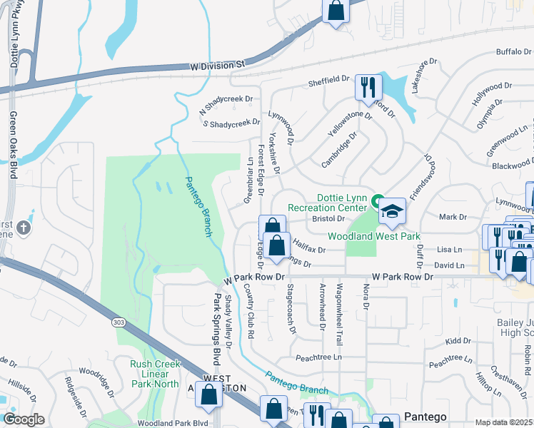 map of restaurants, bars, coffee shops, grocery stores, and more near 3802 Hastings Drive in Arlington