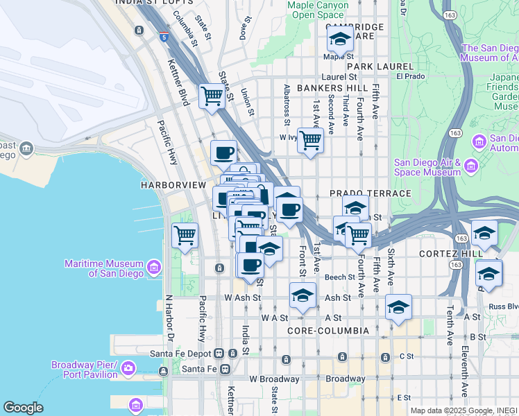 map of restaurants, bars, coffee shops, grocery stores, and more near in San Diego