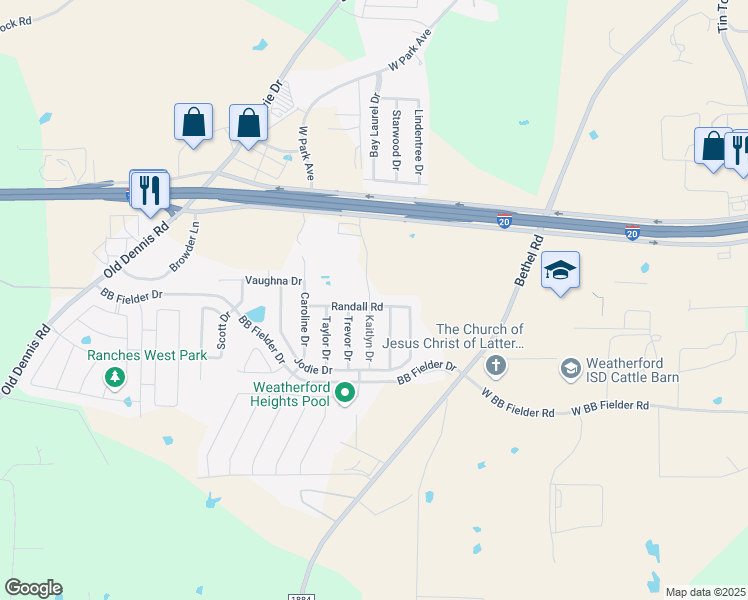 map of restaurants, bars, coffee shops, grocery stores, and more near 846 Randall Road in Weatherford