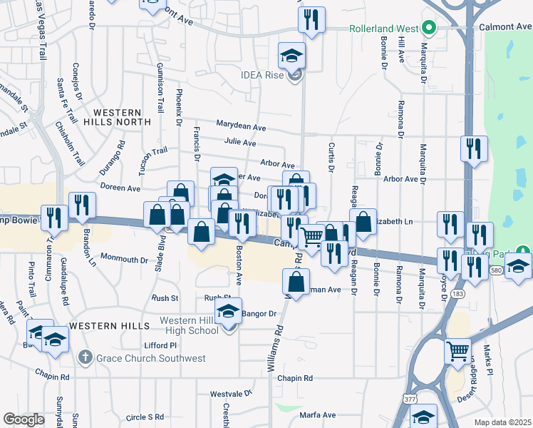 map of restaurants, bars, coffee shops, grocery stores, and more near 8004 Camp Bowie West Boulevard in Fort Worth