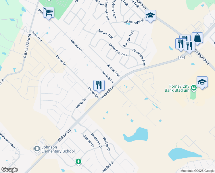 map of restaurants, bars, coffee shops, grocery stores, and more near 11619 Walnut Lane in Forney