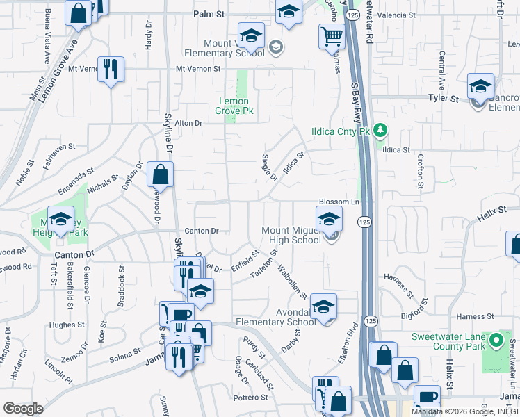 map of restaurants, bars, coffee shops, grocery stores, and more near 1653 Enfield Street in Spring Valley