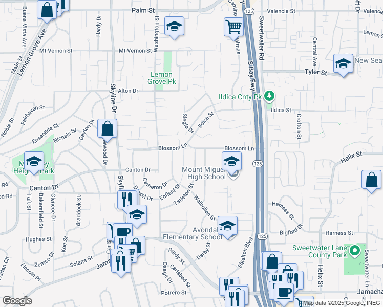 map of restaurants, bars, coffee shops, grocery stores, and more near 1653 Enfield Street in Spring Valley