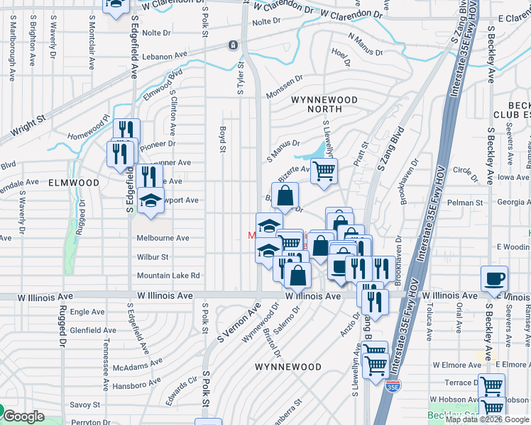 map of restaurants, bars, coffee shops, grocery stores, and more near 2211 South Vernon Avenue in Dallas