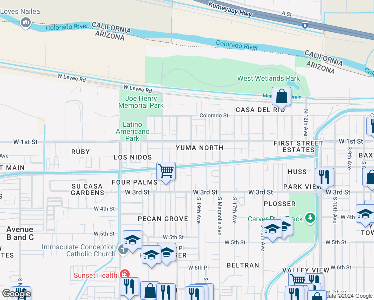 map of restaurants, bars, coffee shops, grocery stores, and more near 151 South 21st Avenue in Yuma