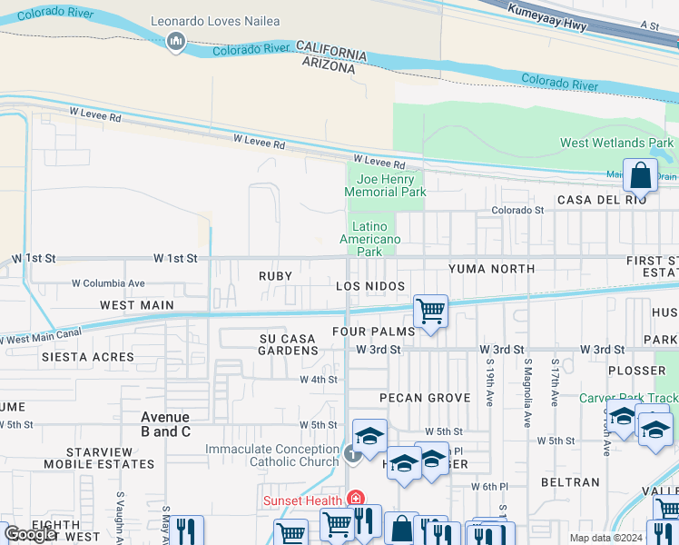 map of restaurants, bars, coffee shops, grocery stores, and more near 2501-2599 West Augusta Drive in Yuma