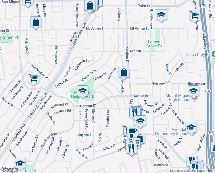 map of restaurants, bars, coffee shops, grocery stores, and more near 1740 Dupont Drive in Lemon Grove