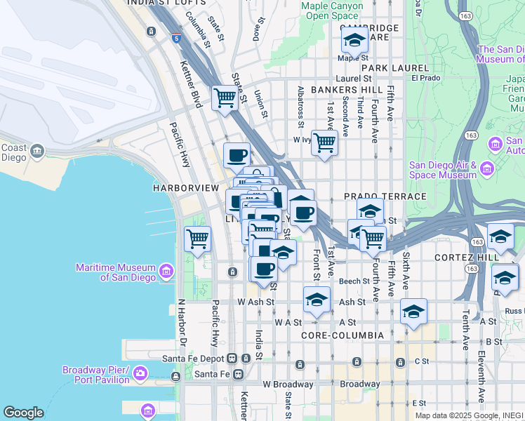 map of restaurants, bars, coffee shops, grocery stores, and more near in San Diego