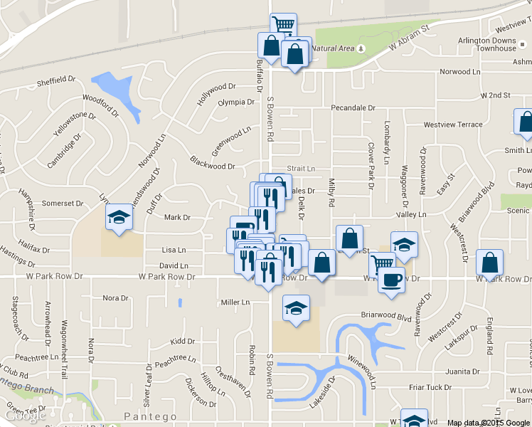 map of restaurants, bars, coffee shops, grocery stores, and more near 981-1025 South Bowen Road in Arlington
