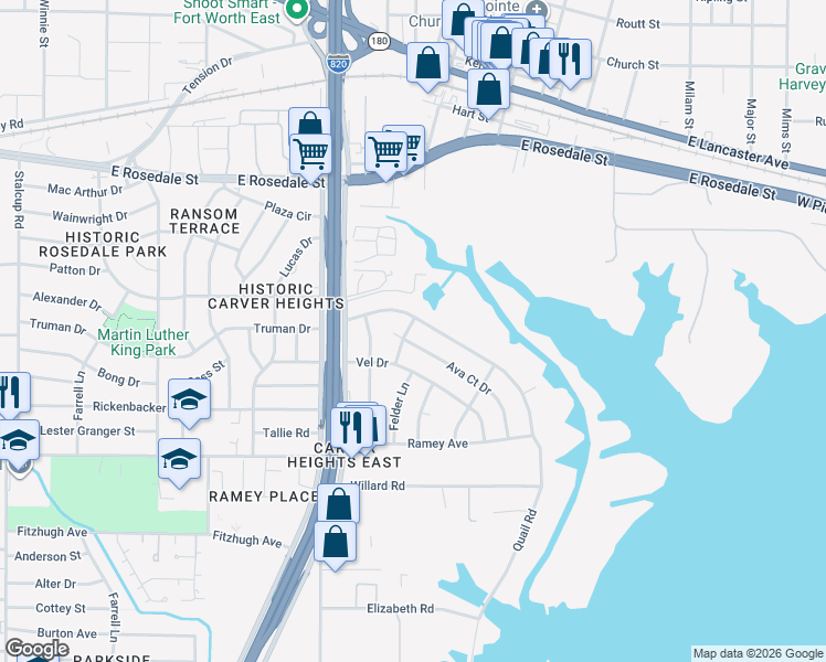 map of restaurants, bars, coffee shops, grocery stores, and more near 6250 Ava Court Drive in Fort Worth