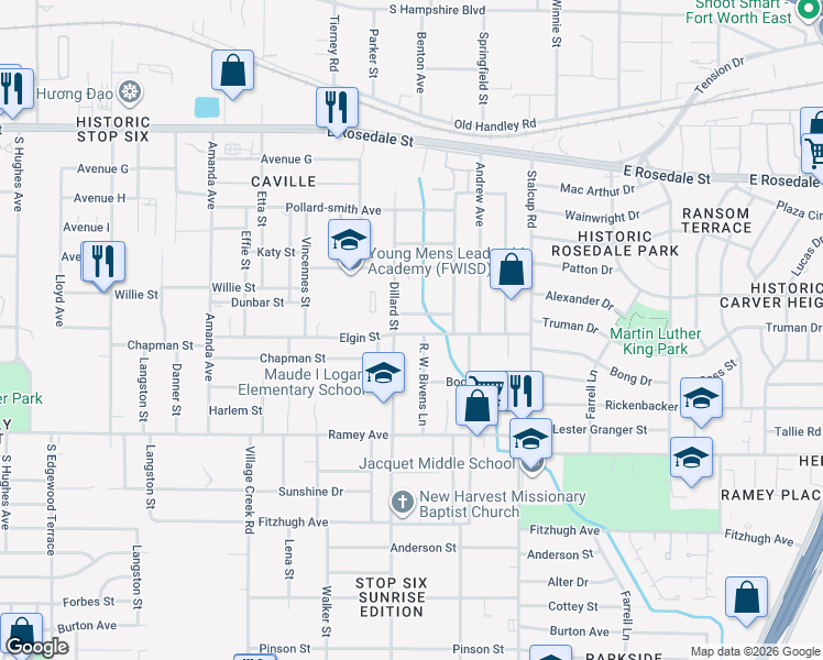 map of restaurants, bars, coffee shops, grocery stores, and more near 2112 Bethune Street in Fort Worth