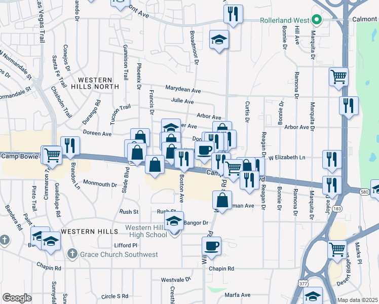 map of restaurants, bars, coffee shops, grocery stores, and more near 8004 Camp Bowie West Boulevard in Fort Worth