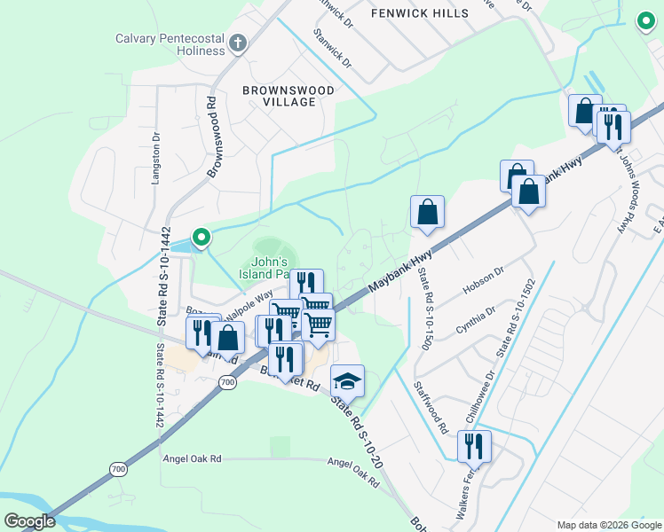 map of restaurants, bars, coffee shops, grocery stores, and more near 3530 Maybank Highway in Johns Island