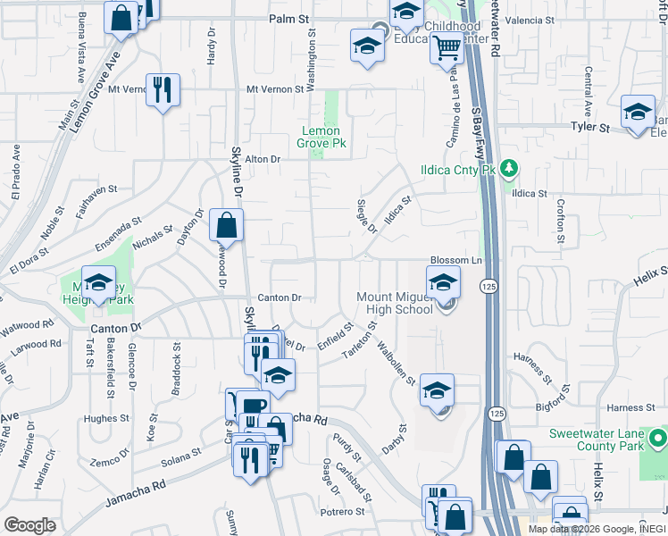 map of restaurants, bars, coffee shops, grocery stores, and more near 1666 Walbollen Street in Spring Valley