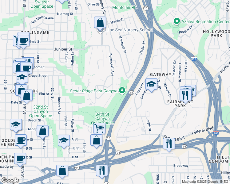 map of restaurants, bars, coffee shops, grocery stores, and more near 1805 Pentuckett Avenue in San Diego