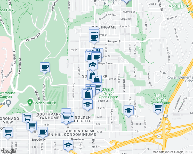 map of restaurants, bars, coffee shops, grocery stores, and more near 1809 Fern Street in San Diego