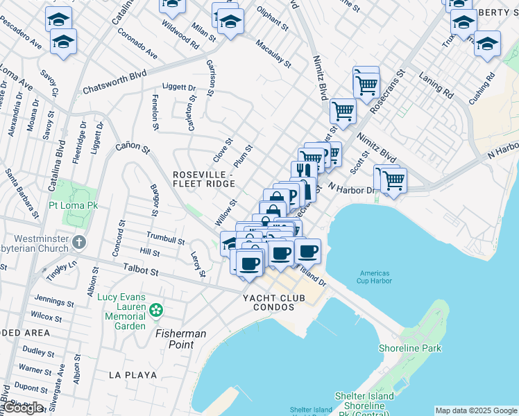 map of restaurants, bars, coffee shops, grocery stores, and more near 3149 Dickens Street in San Diego
