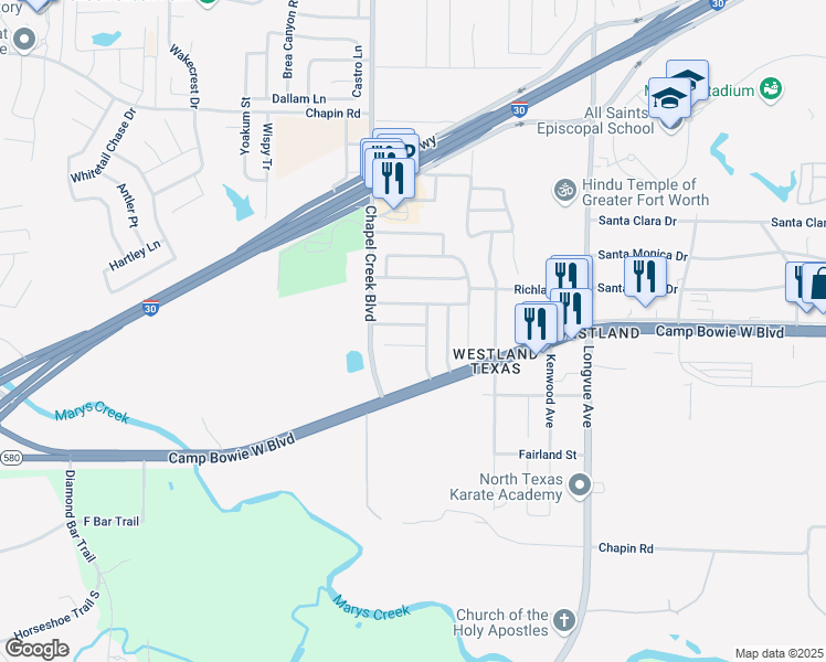 map of restaurants, bars, coffee shops, grocery stores, and more near 10109 Chapel Glen Terrace in Fort Worth