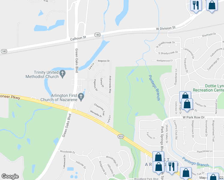 map of restaurants, bars, coffee shops, grocery stores, and more near 1303 Andromeda Way in Arlington