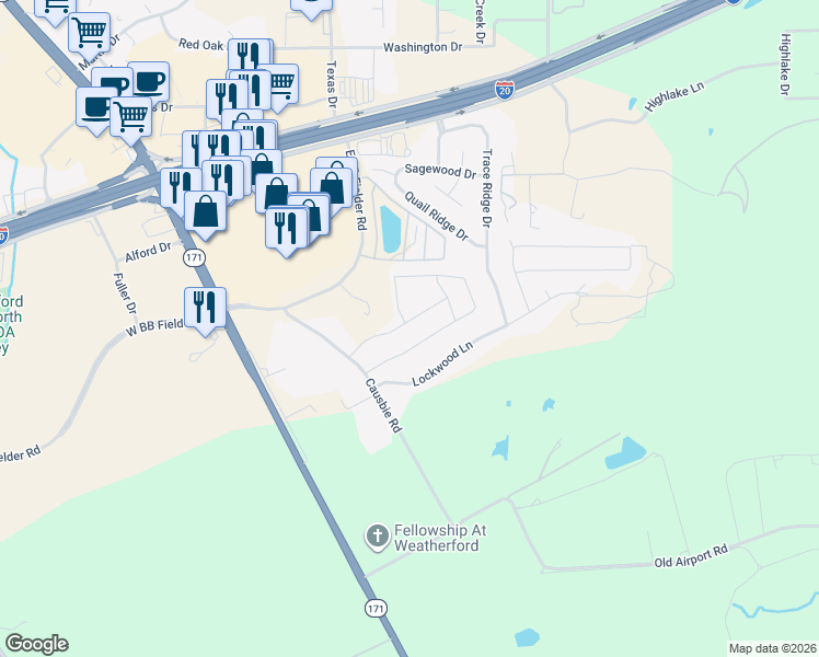 map of restaurants, bars, coffee shops, grocery stores, and more near 344 Paloma St in Weatherford
