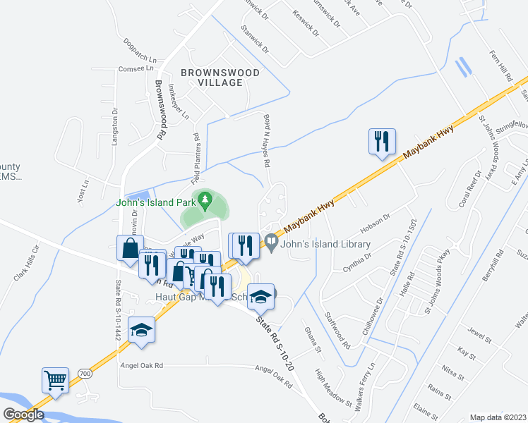 map of restaurants, bars, coffee shops, grocery stores, and more near 3530 Maybank Highway in Johns Island