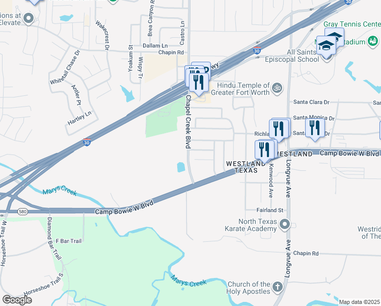 map of restaurants, bars, coffee shops, grocery stores, and more near 10145 Chapel Glen Terrace in Fort Worth