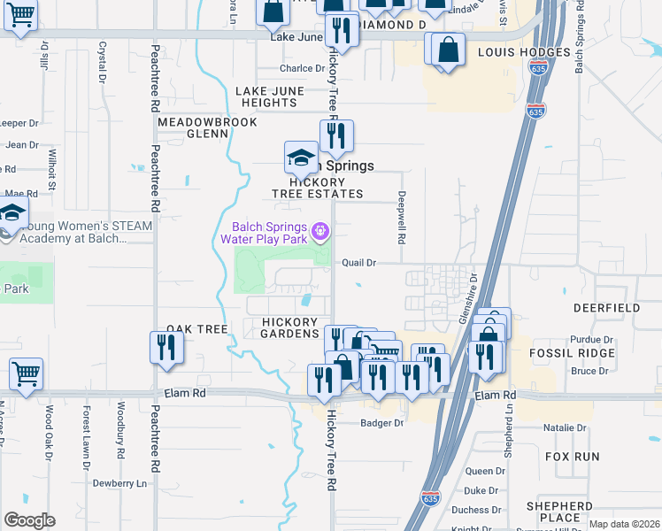 map of restaurants, bars, coffee shops, grocery stores, and more near 3211 Hickory Tree Road in Balch Springs