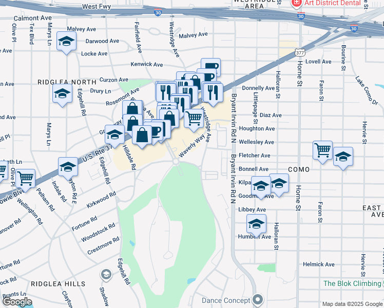 map of restaurants, bars, coffee shops, grocery stores, and more near 6300 Ridglea Place in Fort Worth