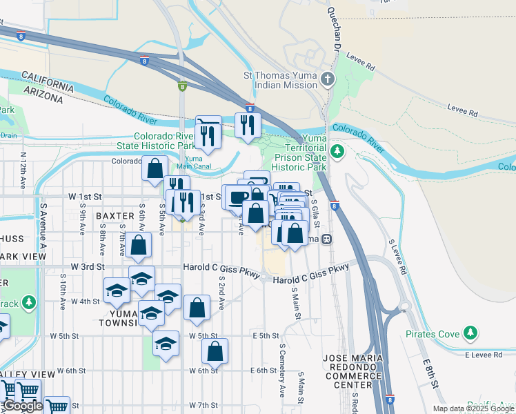 map of restaurants, bars, coffee shops, grocery stores, and more near 100 South Madison Blk Avenue in Yuma