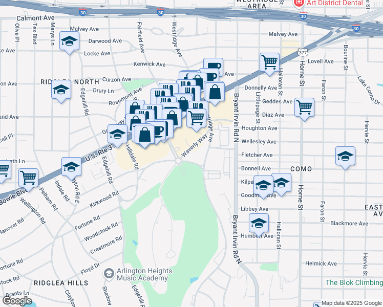 map of restaurants, bars, coffee shops, grocery stores, and more near 6300 Ridglea Place in Fort Worth