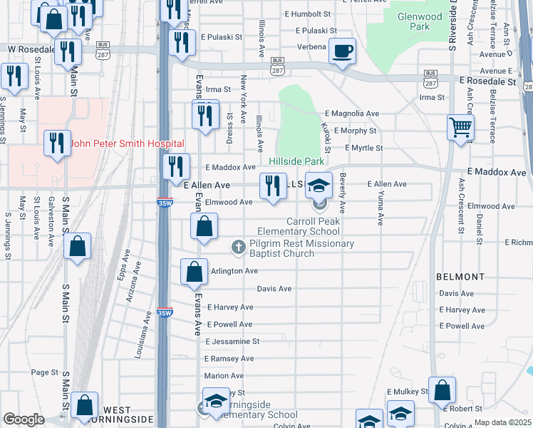 map of restaurants, bars, coffee shops, grocery stores, and more near 1030 East Jefferson Avenue in Fort Worth