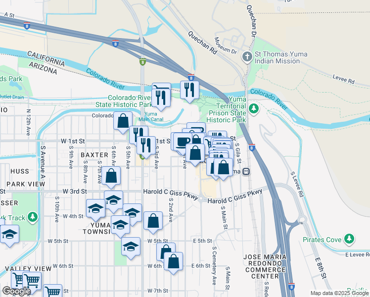 map of restaurants, bars, coffee shops, grocery stores, and more near 146 South 1st Avenue in Yuma