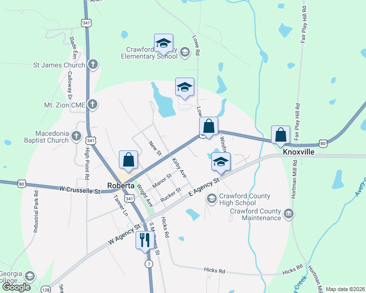 map of restaurants, bars, coffee shops, grocery stores, and more near E Crusse St in Roberta