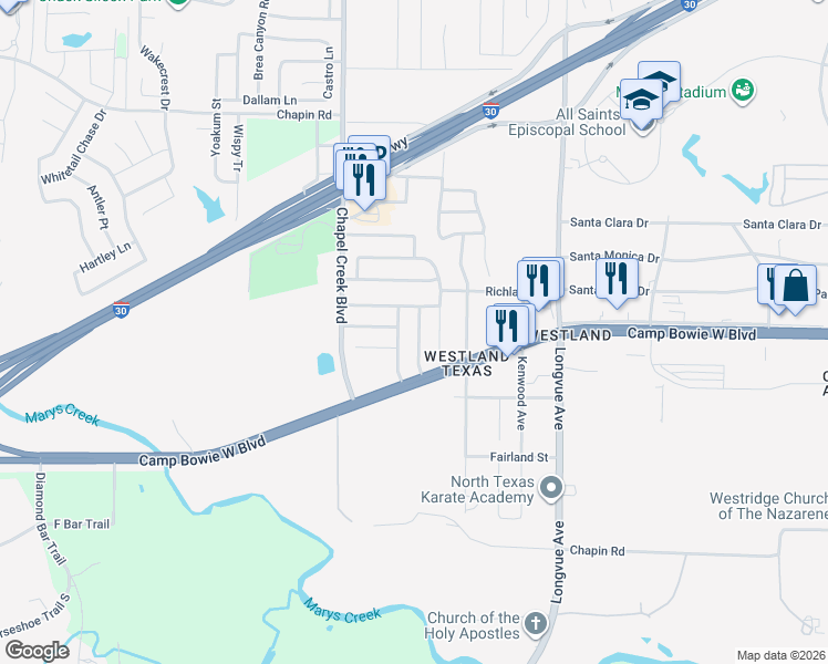 map of restaurants, bars, coffee shops, grocery stores, and more near 3332 Chapel Ridge Way in Fort Worth