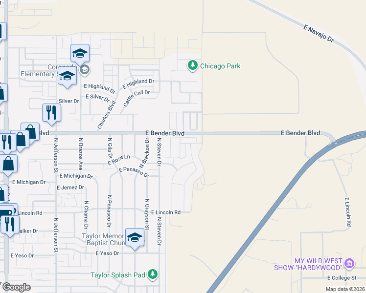 map of restaurants, bars, coffee shops, grocery stores, and more near 2100 East Settlers Pass in Hobbs