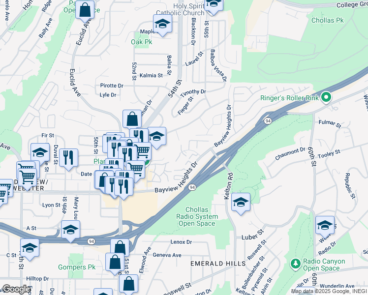 map of restaurants, bars, coffee shops, grocery stores, and more near 5438 Bayview Heights Place in San Diego