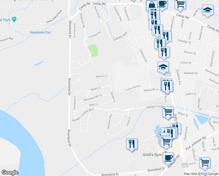 map of restaurants, bars, coffee shops, grocery stores, and more near 1653 Dexter Lane in Charleston