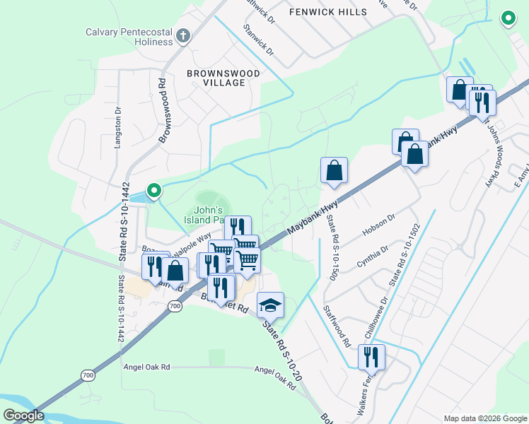 map of restaurants, bars, coffee shops, grocery stores, and more near 3530 Maybank Highway in Johns Island